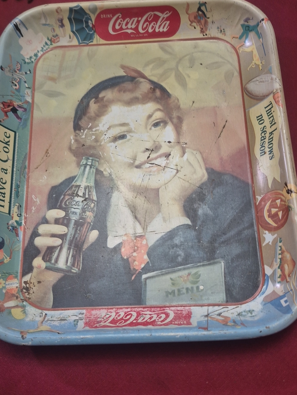 Vintage Coca Cola Blue Decorative Metal Tray Thirst Knows No season